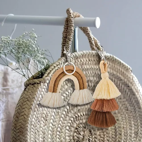 Vista 6 de 2 llaveros bohemios de arco iris con borlas y pompones para macramé para mujeres y niñas