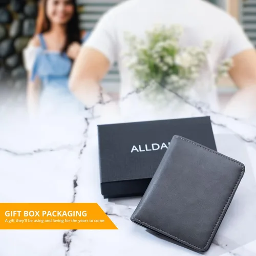 Vista 6 de Alldaily Cartera pequeña RFID para mujer, delgada, compacta, plegable, con bolsillo, mini monedero de viaje para mujer (gris)