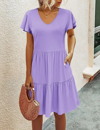 Vista 4 de HOTOUCH Vestido casual escalonado con bolsillos, cuello en V, con volantes, manga casquillo, vestido acampanado