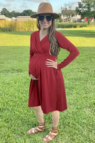 Vista 2 de OUGES Vestido de maternidad para mujer 2023, manga larga, cuello en V, vestidos de embarazo con bolsillos