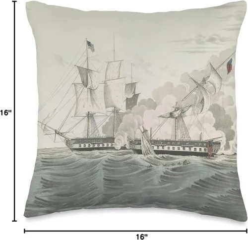 Vista 4 de War of 1812 Navy Warship Battle USS Constitution & HMS Java Naval Battle Illustration (1846) - Almohada de 16 x 16 pulgadas, multicolor