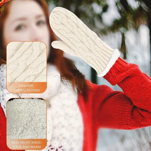 Vista 5 de OLizee Conjunto de bufanda y mitones de invierno para mujer, gorro de punto de calavera con pompones de piel sintética
