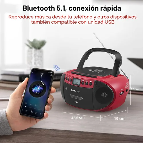 Vista 5 de G Keni Combo portátil de reproductor de CD y cassette Boombox, grabadora de cinta de casete con control remoto, radio AM FM, reproducción USB