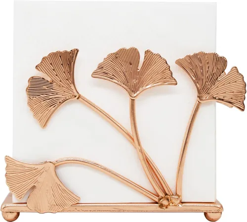 Vista 10 de Owlgift Servilletero moderno de hoja de ginkgo dorado pintado – Servilletero de papel decorativo de hierro de primera calidad de 6.7 pulgadas