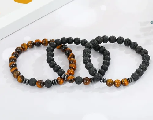 Vista 5 de MengPa - Pulseras de cuentas con cuentas de piedra volcánica mate y roca de lava elástica para hombre y mujer