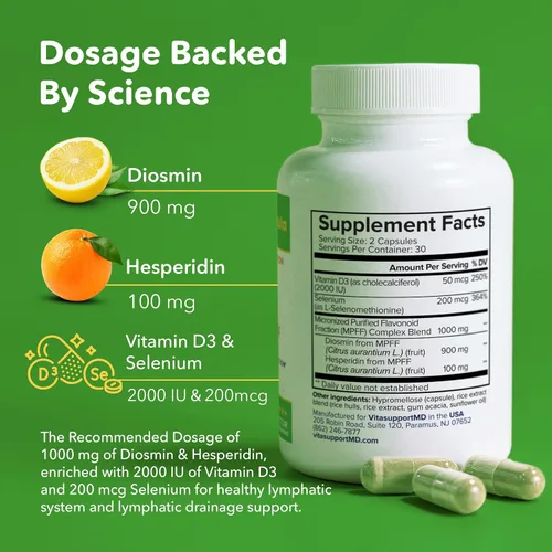 Vista 3 de VITASUPPORTMD Fórmula linfática, Diosmina Hesperidina 1000 mg Suplemento de drenaje linfático, desintoxicación del sistema linfático, selenio