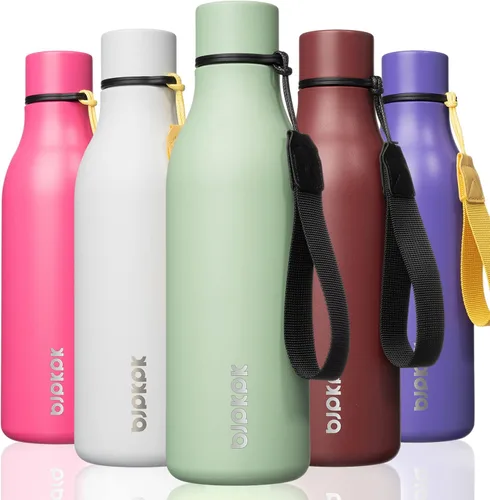Vista 29 de BJPKPK Botellas de agua aisladas, botella de agua de metal de acero inoxidable de 12 onzas con correa, sin BPA a prueba de fugas, jarras, tazas