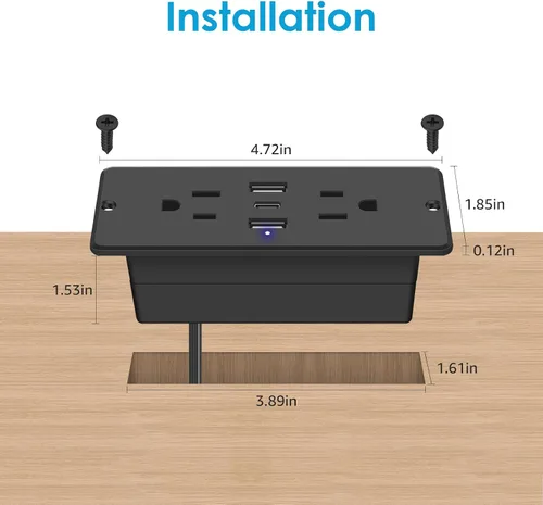Vista 3 de HHSOET Regleta de enchufes empotrable 5 en 1 con enchufe plano, tomacorriente para muebles de carga rápida de 20W con USB, enchufe empotrable