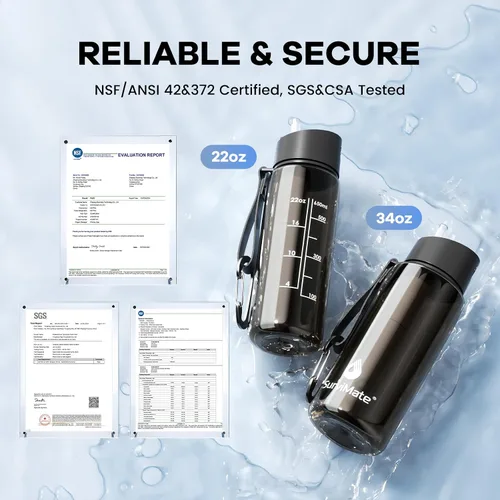 Vista 2 de SurviMate Botella de Agua Filtrada de Ultra-Filtración de 5 Etapas de 0.01μm, Material Libre de BPA, Certificada NSF/ANSI 42 y 372, Botella