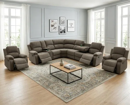 Vista 14 de Juego de sofá seccional reclinable manual, juegos de muebles de sala de estar de cuero regenerado en forma de L, sofá de esquina seccional