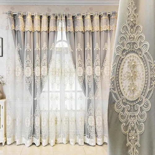 Vista 12 de Amidoudou 1 par de cortinas europeas de doble capa con cenefas para sala de estar, dormitorio, cortinas bordadas con flores 3D de lujo