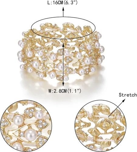 Vista 5 de EVER FAITH Crystal Cream Simulated Pearl 1920's Style Leaf Stretch Pulsera Transparente
