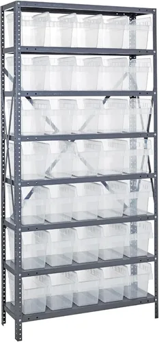 Vista 434 de Quantum QSBU-245BK Heavy Duty Shelving Unit with (7) Shelves and (24) QUS245 Black Bins for Garage Warehouse Storage Distribution 400 lb Load