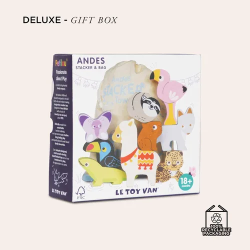 Vista 7 de Le Toy Van Torre apilable y bolsa de madera Petilou Andes 59.1 ft+ Sustainable Wooden Balancing Toy, Rainforest Animal Characters for Toddlers