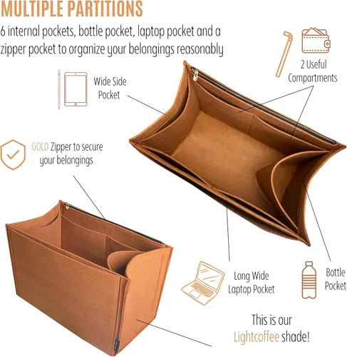 Vista 6 de Sunshine Tote Organizer Insert, Sunshine Shopper Medium Insert, Mini Sunshine Large Organizer, Handmade 3mm Premium Felt Snug Sturdy Gold Zipper