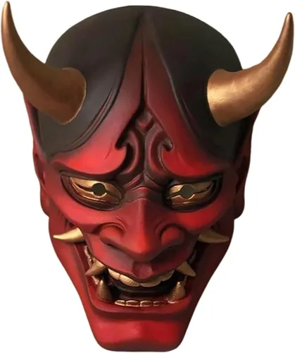 Vista 18 de HTLNUZD Máscara completa de látex de Halloween, máscara de cosplay japonesa para PrajnaHeadgear Samurai Evil KabukiHannya Party Mask Decora Negro