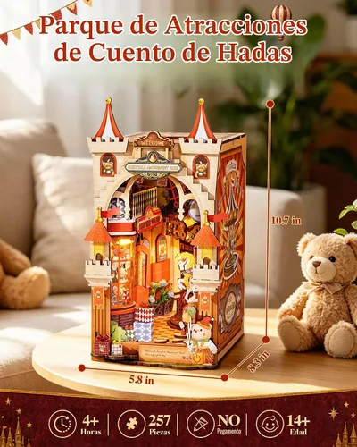 Vista 4 de Rolife Kits de rincón de libros para adultos, parque de atracciones de cuento de hadas, rompecabezas de madera 3D para decoración de estanterías