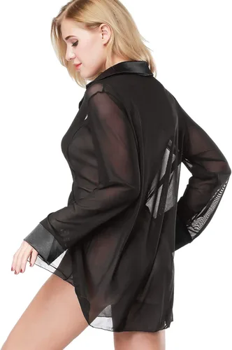 Vista 5 de Pijamas sexy Sheer Sleepshirt ETAOLINE de manga larga blusa de malla de lencería
