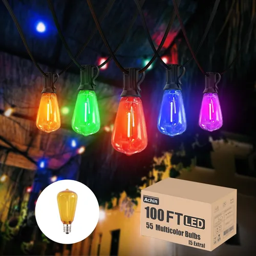 Vista 19 de Achin 50FT Solar String Lights Outdoor with 32 LED Bulbs 1.5FT Bulbs Spacing,Patio String Lights Whith Remote, IP65 Waterproof, 3600mAm Battery