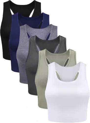 Vista 11 de 6 piezas de camisetas básicas sin mangas con espalda cruzada deportivas, cortas, para mujeres y niñas, uso diario
