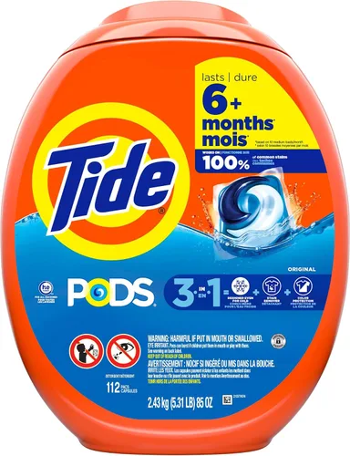 Vista 12 de Tide PODS cápsulas de detergente para ropa, 3 en 1 Quitamanchas, Combate Olores, Protector de Color, 112 unidades, compatible con HE, Aroma Original