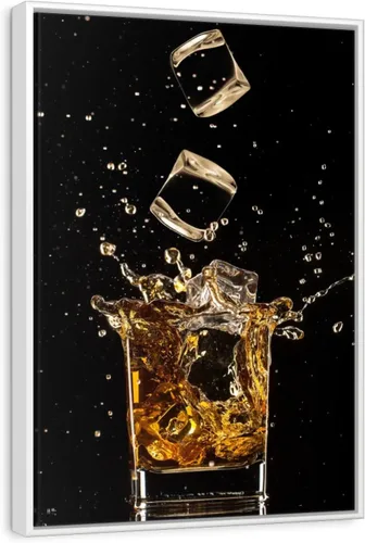 Vista 8 de ElephantStock - Arte de pared con salpicaduras de hielo de whisky - Lienzo enmarcado flotante vertical - Decoración de pared de comedor - Arte
