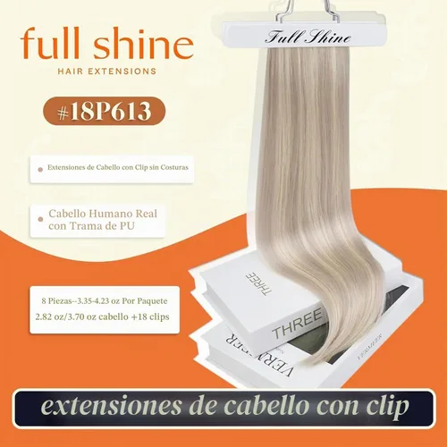 Vista 2 de Full Shine Extensiones de Cabello Rubio con Clip Reflejos Cabello Humano Extensiones con Clip Rubio Ceniza Mezcla Rubio Decolorado PU Extensiones