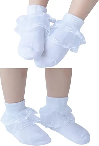 Vista 6 de Twtility Calcetines de encaje con volantes para niñas pequeñas, vestido de princesa, doble encaje de algodón con volantes blancos