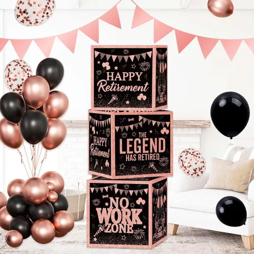 Vista 6 de Decoraciones de fiesta de jubilación, globos de oro rosa, fondo de decoraciones de jubilación feliz para mujeres, globo, cajas