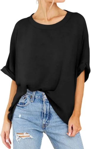 Vista 2 de Jenisso Camiseta holgada de manga corta para mujer, cuello redondo, básica, informal, holgada