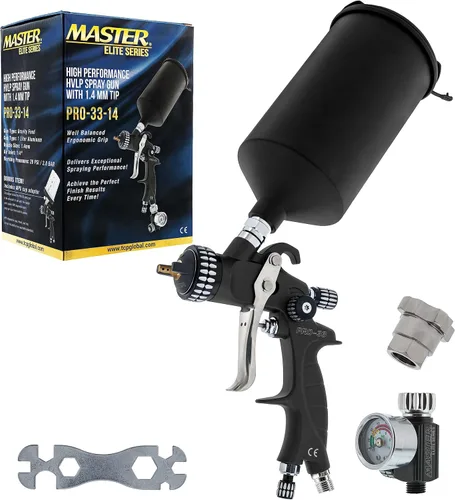 Vista 10 de Master Elite PRO-33 HVLP - Pistola pulverizadora de pintura de alto rendimiento con punta de 0.051 pulgadas, taza de 1 litro, calibre regulador