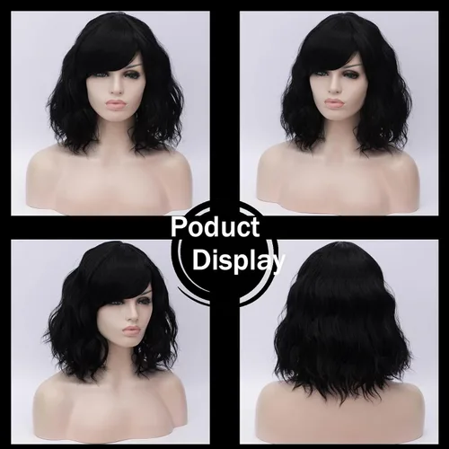 Vista 3 de BUFASHION Peluca rizada corta ondulada de 14 pulgadas para mujer, peluca sintética para cosplay, Halloween, peluca con flequillo lateral (negro)