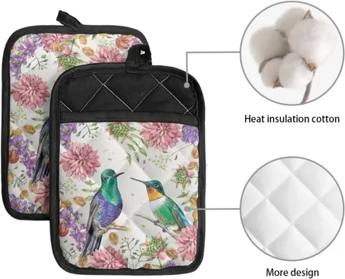 Vista 3 de Gomyblomy Hummingbirds & Flowers - Forro de sartén aislado para mujer, 2 piezas, resistente al calor, con bolsillo, protector de cocina ligero