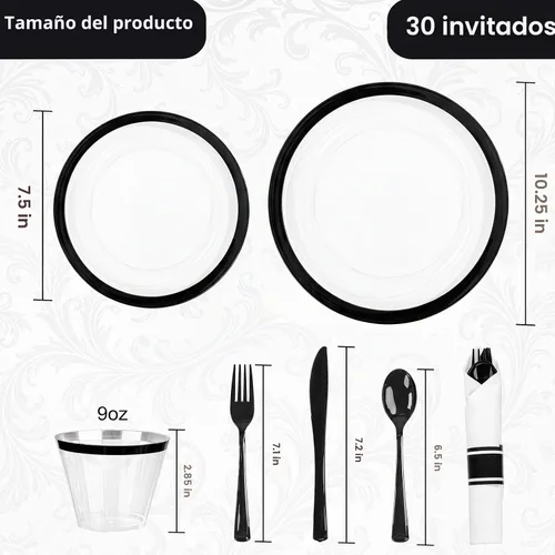 Vista 3 de I00000 210 piezas de platos de plástico transparente y negro, juego de claro negro