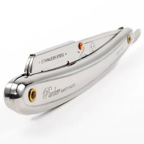 Vista 7 de Cuchilla de afeitar Parker SR1 de acero inoxidable con borde recto – Navaja de afeitar manual profesional para barberos y uso doméstico con 5
