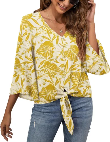 Vista 10 de VIISHOW Blusas de verano para mujer, con botones, cuello en V, de gasa, mangas acampanadas de 3/4, con nudo, casuales 01 Blanco