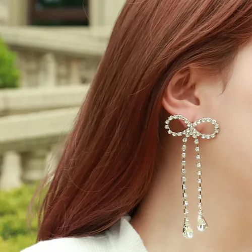 Vista 3 de Pendientes de plata 925 con lazo de cristal, aretes de diamantes de imitación hipoalergénicos para orejas sensibles