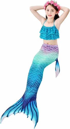 Vista 3 de Colas de sirena para nadar para niñas, 5 piezas, conjunto de traje de baño de bikini de 4 a 13 años