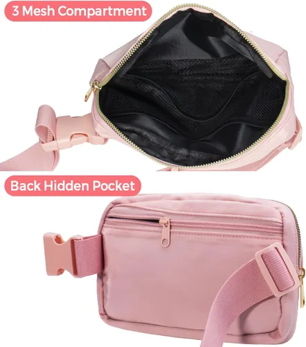 Vista 6 de Paquete de 2 riñoneras cruzadas para mujer, riñoneras a la moda, impermeable, lindo monedero pequeño para viajes, entrenamiento, correr, negro beige