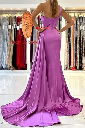 Vista 2 de Vestidos de dama de honor de un hombro, vestidos formales largos de satén de sirena, vestido de graduación plisado para mujeres de boda
