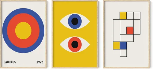 Vista 30 de HAUS AND HUES - Arte de póster Bauhaus - Juego de 3 arte de pared abstracto moderno, pósteres vintage e impresiones, arte de pared azul y amarillo