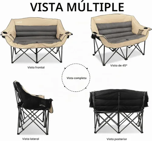 Vista 8 de Silla de campamento plegable doble totalmente acolchada, sofá de campamento de gran tamaño para 2 personas, sofá con soporte para tazas, soporte