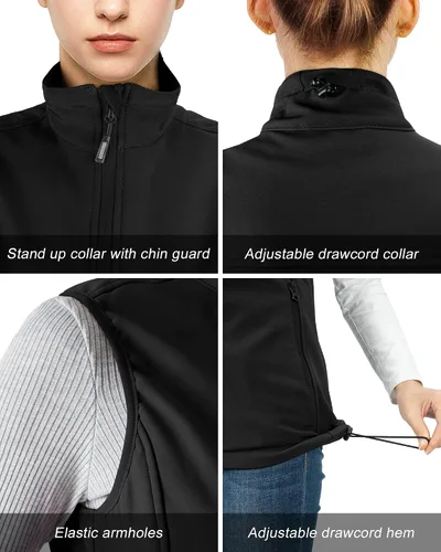 Vista 4 de Outdoor Ventures Chaleco ligero Softshell para mujer, resistente al viento, forro polar, con cremallera, sin mangas, para correr, senderismo, golf