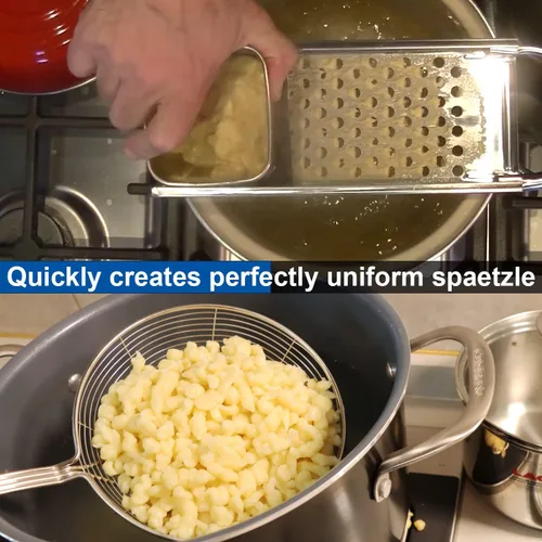 Vista 4 de Spaetzle Maker de acero inoxidable de alta calidad con espátula de silicona, colador de araña de acero inoxidable, cuchara espumadora, colador
