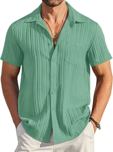 Vista 32 de COOFANDY - Camisas de botones casuales para hombre, de manga corta, con textura, camisa de playa de verano con bolsillo