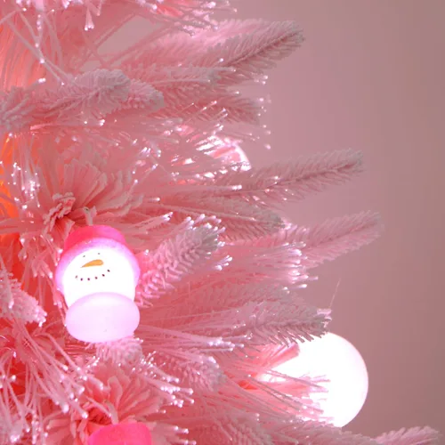 Vista 7 de Árbol de Navidad de fibra óptica rosa preiluminado, decorado con muñeco de nieve y bolas de Navidad (3 pies)