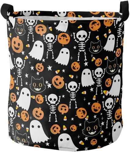 Vista 11 de Cesta de lavandería rosa para Halloween, bolsa plegable con asas fáciles de transportar, pequeña cesta plegable independiente, plegable, Blanco