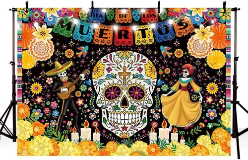 Vista 3 de MEHOFOND Telón de fondo del Día de los Muertos de 7 x 5 pies para fiesta mexicana, Día de los Muertos, decoración de fiesta de cumpleaños, pancarta