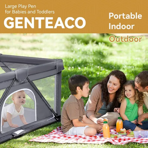 Vista 6 de Corralito plegable para bebés, corralito de juego extra grande para bebés y niños pequeños, patio de juegos portátil de seguridad para niños en Gris
