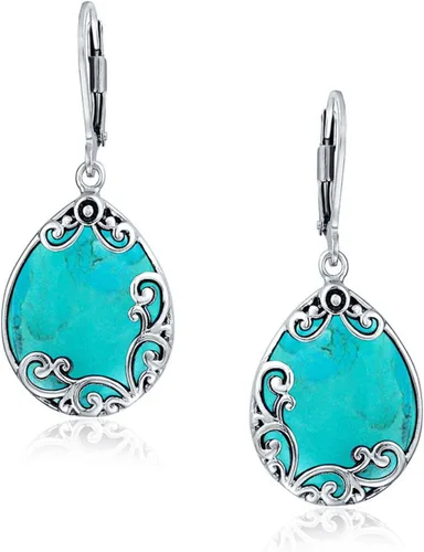 Vista 2 de Aretes colgantes de plata de ley 925 oxidados con diseño de filigrana y piedra natal del oeste de estilo bohemio con piedras natales semipreciosas